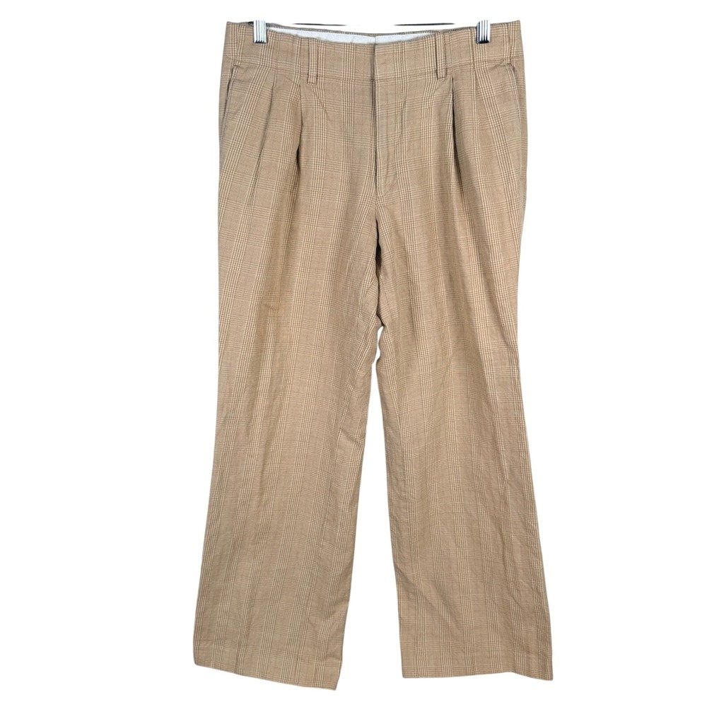 Express Linen Blend Glen Plaid Pleated Dress Pants Mens 32x30 Tan Straight Leg